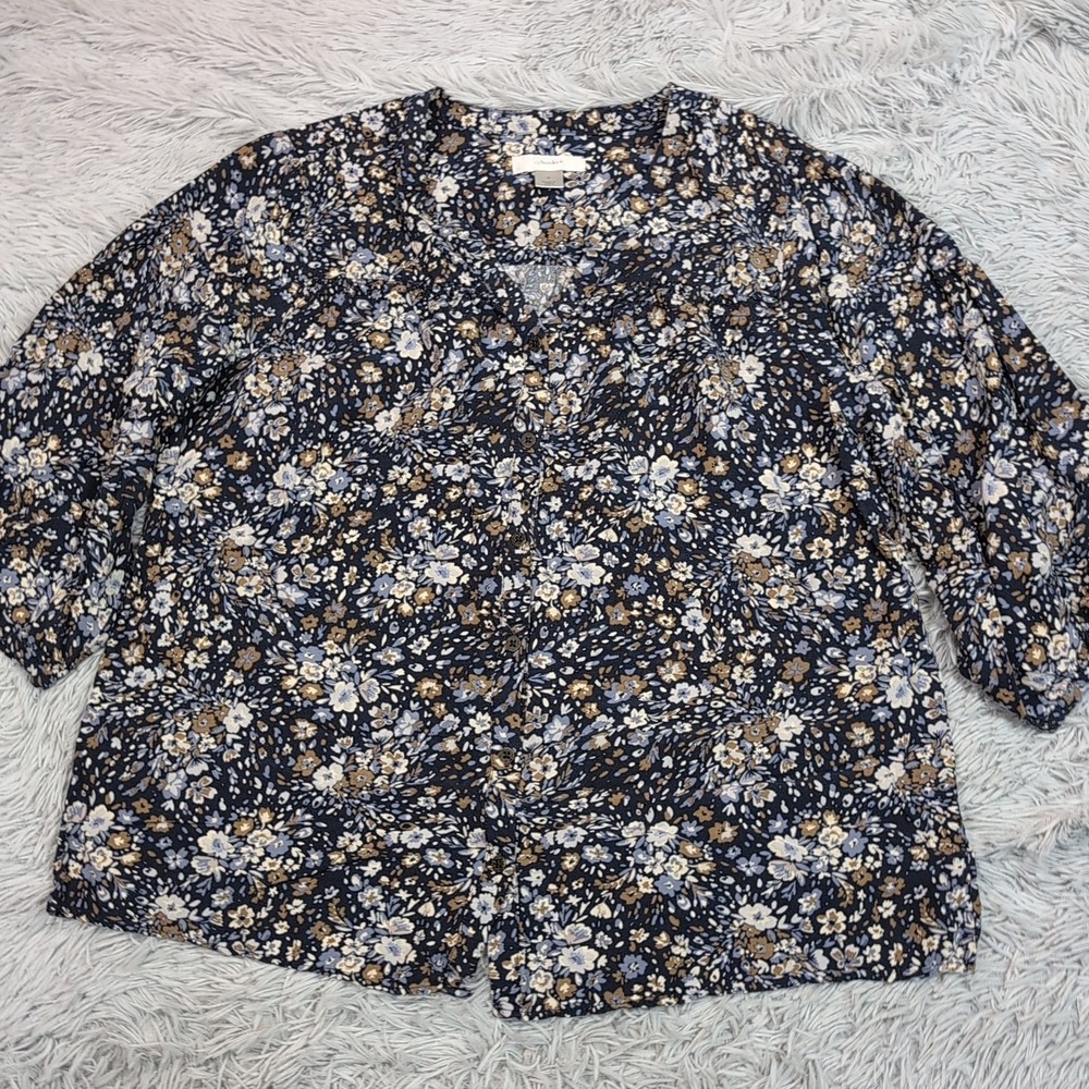 C.J. Banks Shirt Womens X Blue Button Up Floral Casual Comfort Lightweight‎